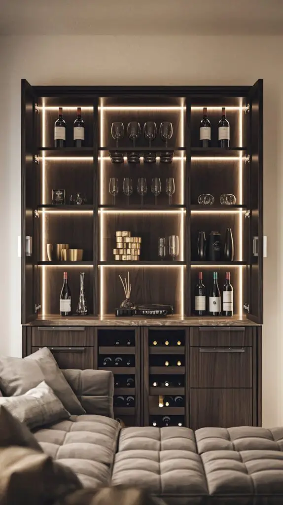 15 Stunning Living Room Modern Bar Cabinet Ideas to Elevate Your Space 3 Multi-functional bar cabinets for modern living room ideas – sleek and space-saving furniture solutions designed for efficient organization. These versatile cabinets provide ample storage for drinks, wine bottles, glasses, and even board games, ensuring a tidy, clutter-free living room. With adjustable shelves, you can customize the space to fit your essentials. Some models include integrated lighting, adding an elegant glow to your space while enhancing the ambiance of your modern living room. Ideal for maximizing storage and style, these cabinets are a must-have for any home.