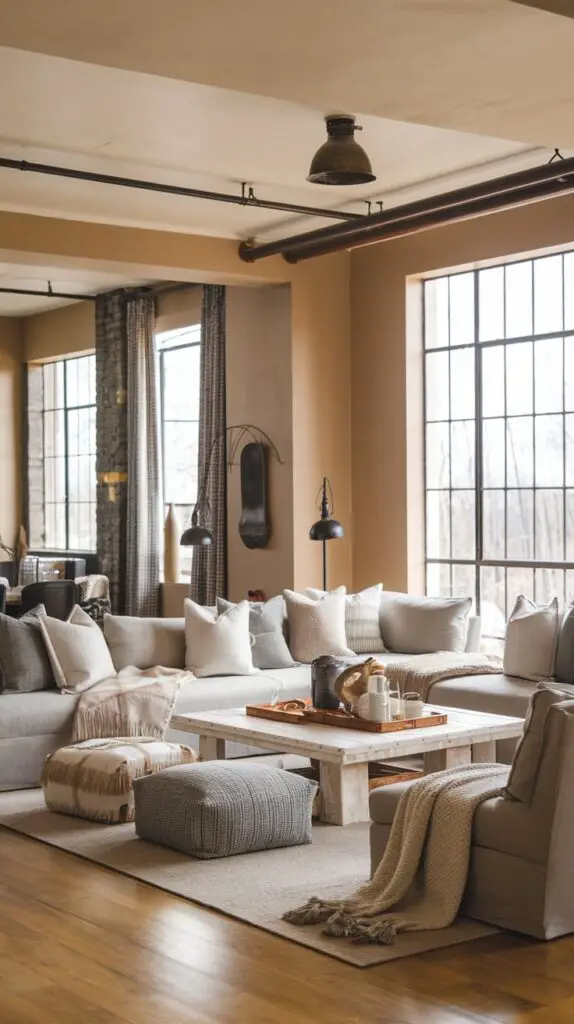 17 Elegant Barndominium Living Room Ideas for a Luxurious Feel 5 Barndominium living room with a neutral color palette featuring beige, gray, and white tones, creating a calming and versatile atmosphere. The subtle hues blend seamlessly with wooden furniture and metal fixtures, offering a warm and inviting environment. This design allows for easy updates with new accessories and decor, maintaining a fresh and stylish living space perfect for relaxing or entertaining in your barndominium.