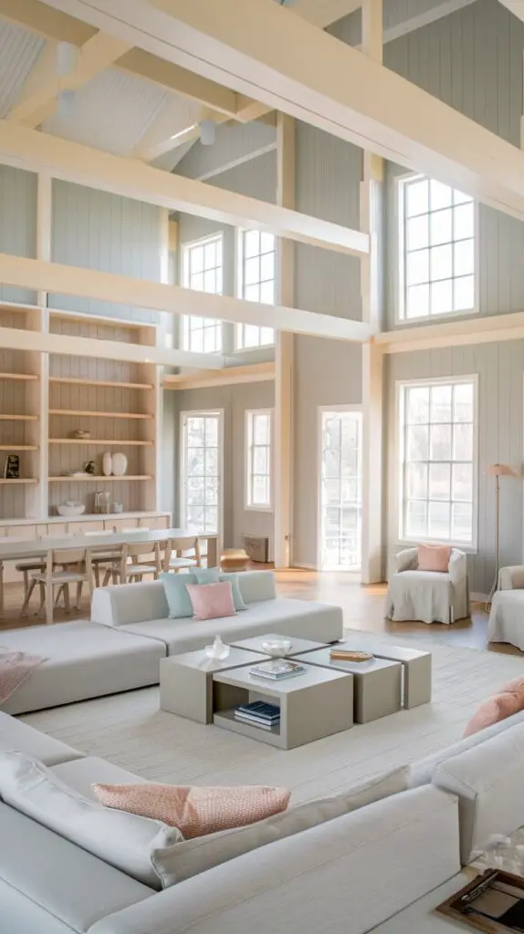 17 Elegant Barndominium Living Room Ideas for a Luxurious Feel 1 Open Space Layout in Barndominium Living Room Ideas: Maximize your living room with a seamless flow between areas using open shelves and low furniture to create divisions without obstructing views. This design approach makes the space feel larger and more connected. Natural light flows effortlessly throughout the room, enhanced by light colors and reflective surfaces. Incorporating multifunctional furniture, such as a sofa bed or expandable dining table, offers versatility and practicality while maintaining style, making your barndominium living room both stylish and functional.