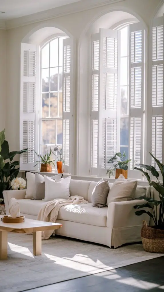 17 Living Room Blinds Ideas to Enhance Natural Light 7 Enhance your living room with plantation shutters – a stylish and practical choice for light control and privacy. These durable window coverings are available in various designs and finishes, easily complementing your existing decor. Plantation shutters provide timeless elegance while offering easy maintenance; just wipe them clean to keep them looking brand new. A long-lasting investment, plantation shutters bring both functionality and sophistication to your living space.