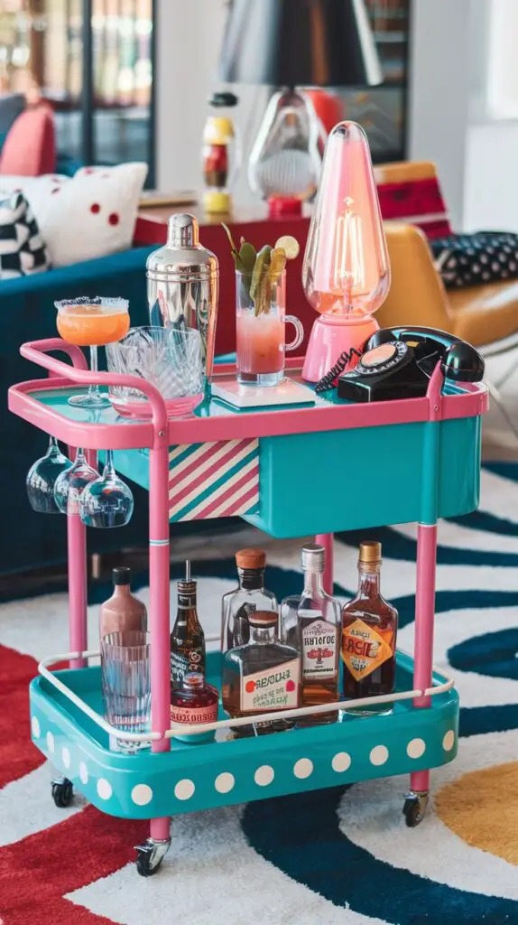17 Unique Living Room Bar Cart Ideas for Every Occasion 16 Retro fun living room bar cart ideas featuring vibrant turquoise and hot pink colors, playful patterns like polka dots and stripes, and nostalgic vintage glassware. The bar cart showcases unique elements such as a funky lava lamp and a classic rotary phone, perfect for creating a fun, retro vibe that serves as a great conversation starter. Stocked with classic cocktail ingredients like gin, whiskey, and bitters in colorful bottles with kitschy labels, this stylish and functional retro bar cart adds a splash of vintage charm to your living room decor.