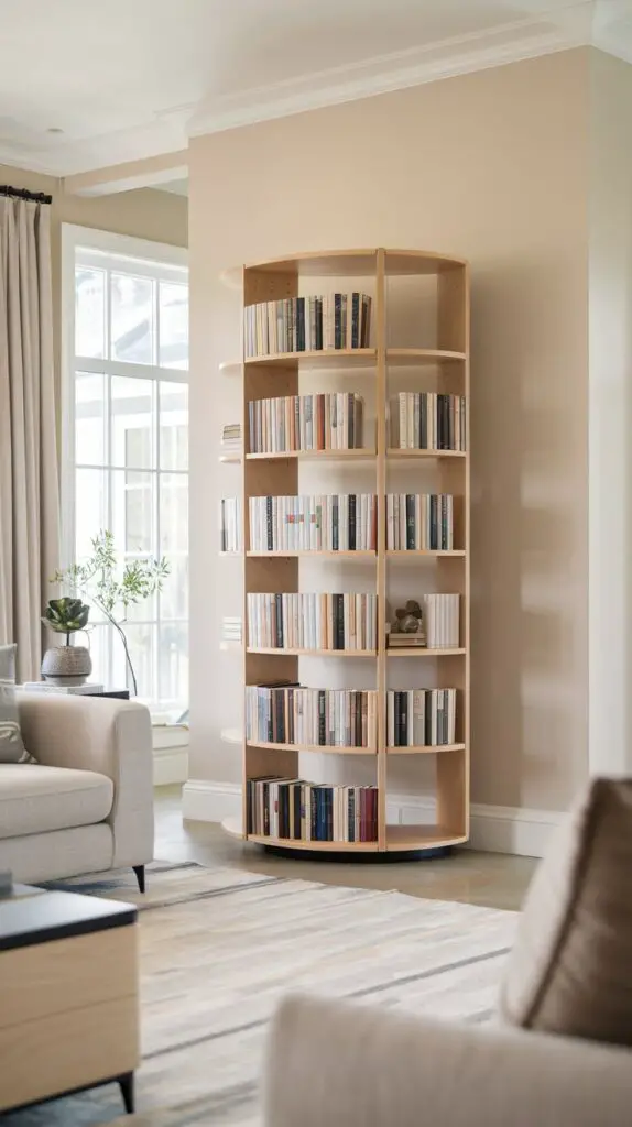 Rotating Bookshelves in Living Room Bar Cabinet Built-In - Space-saving storage solution for small living rooms. This rotating bookshelf uses vertical space efficiently, allowing for ample book storage while minimizing floor space usage. Stylish and functional, it adds a unique design element to your home decor. The rotating feature ensures easy access to your books. Perfect for DIY enthusiasts, these custom-built bookshelves can be crafted with simple tools, providing a cost-effective, personalized addition to your living room bar cabinet or bookshelf wall setup.