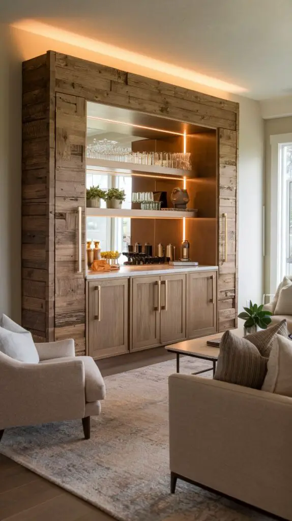 15 Stunning Living Room Modern Bar Cabinet Ideas to Elevate Your Space 9 Rustic wood bar cabinets in a modern living room setting, highlighting their natural texture and warmth. These cabinets offer a perfect blend of rustic charm and contemporary style, creating a cozy, inviting atmosphere ideal for entertaining guests. With ample storage space, they keep bar essentials organized, making your living room both stylish and functional.