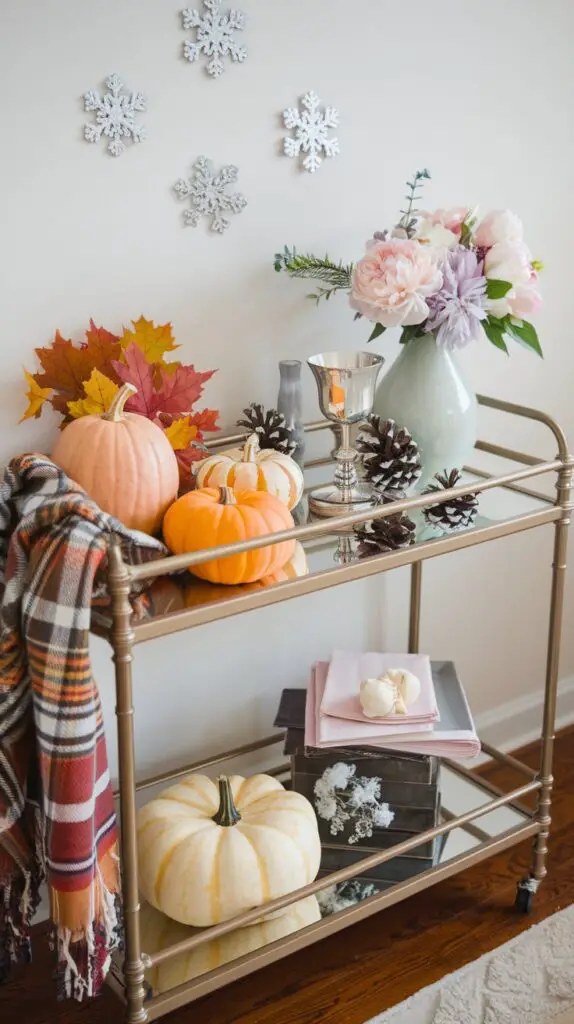 17 Unique Living Room Bar Cart Ideas for Every Occasion 13 Seasonal Living Room Bar Cart Ideas - Fall, Winter, and Spring Themes. Transform your bar cart with seasonal decorations like pumpkins, leaves, and warm colors for a cozy fall vibe. In winter, elevate the festive atmosphere with snowflakes, pinecones, and silver accents. Spring brings a refreshing touch with colorful flowers, greenery, and pastel hues. These seasonal touches create a welcoming and stylish space perfect for entertaining and enjoying each season in your living room.