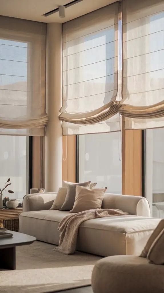 17 Living Room Blinds Ideas to Enhance Natural Light 1 Sheer Roman shades in a living room, offering an elegant touch with their soft, lightweight fabric that allows natural light to gently filter through. These shades balance style and functionality, providing privacy without blocking sunlight. Their bright and airy feel enhances the ambiance of any space, making them an ideal choice for living rooms. With easy DIY installation and a variety of colors and patterns, sheer Roman shades add a sophisticated, customizable touch to your home decor, creating a welcoming and stylish environment.