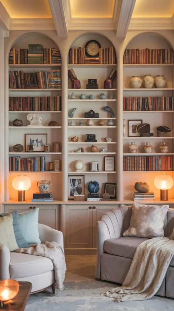 Living Room Bookshelf Décor Ideas: 15 Ways to Add Color and Texture 11 Living Room Bookshelf Wall Ideas: Showcase Collections with Vintage Items and Souvenirs - Add a personal touch to your living room by using your bookshelf to display unique collections. Mixing books with prized items like vintage souvenirs creates an eye-catching, visually appealing display. Grouping collections by color or theme enhances the overall decor and serves as a conversation starter. A creative bookshelf arrangement highlights your interests while transforming your living space into an inviting and stylish environment.