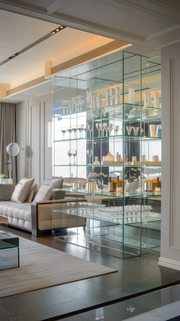 15 Stunning Living Room Modern Bar Cabinet Ideas to Elevate Your Space 1 Sleek glass bar cabinet in a modern living room, showcasing elegant drinkware. The clear glass design reflects light, creating an open and spacious atmosphere. This stylish bar cabinet offers both functionality and contemporary flair, keeping drinkware organized while enhancing your home decor. Easy to clean and maintain, it's the perfect choice for a chic, clutter-free living room.