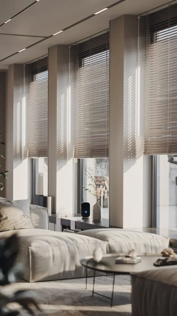 17 Living Room Blinds Ideas to Enhance Natural Light 8 Smart Blinds for Living Room - Innovative and stylish smart blinds allow you to effortlessly control natural light with your smartphone or voice assistant. These modern window treatments are perfect for contemporary homes, offering convenience and energy-saving benefits. Programmable to adjust with the natural light throughout the day, they help reduce the need for artificial lighting. Available in various materials and designs, smart blinds enhance your living room decor while combining technology with elegant aesthetics, making them a perfect addition to any modern home.