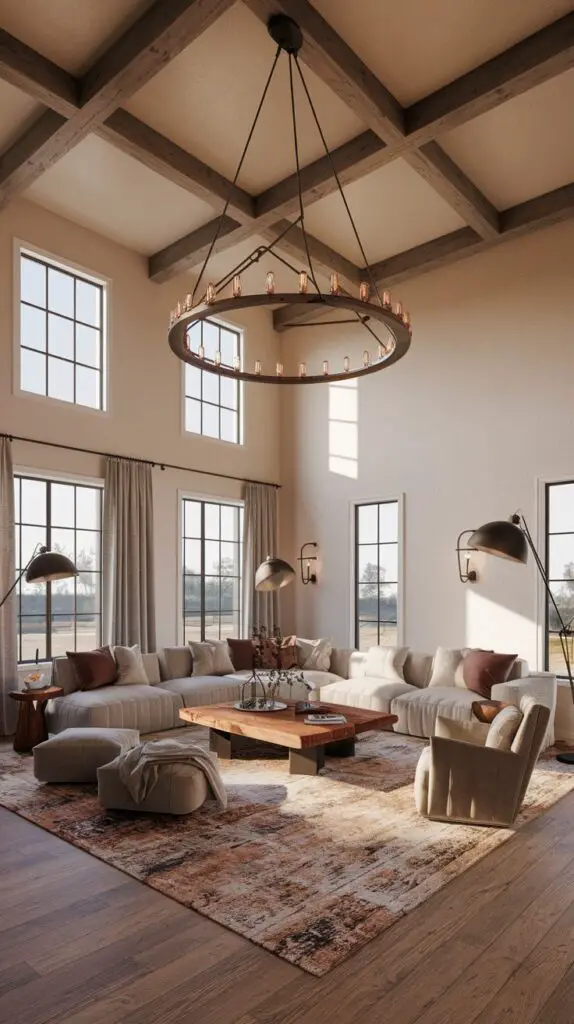 17 Elegant Barndominium Living Room Ideas for a Luxurious Feel 9 Barndominium living room with statement lighting, featuring an elegant chandelier and oversized pendant lights, creating a bold visual impact. The room is accented with unique lighting fixtures, including floor lamps by a cozy reading nook and pendant lights above a rustic coffee table. The mix of wall sconces, floor lamps, and overhead lighting adds depth and layers of light, enhancing the barndominium's warm and inviting ambiance. Perfect for those seeking stylish and functional barndominium living room ideas.