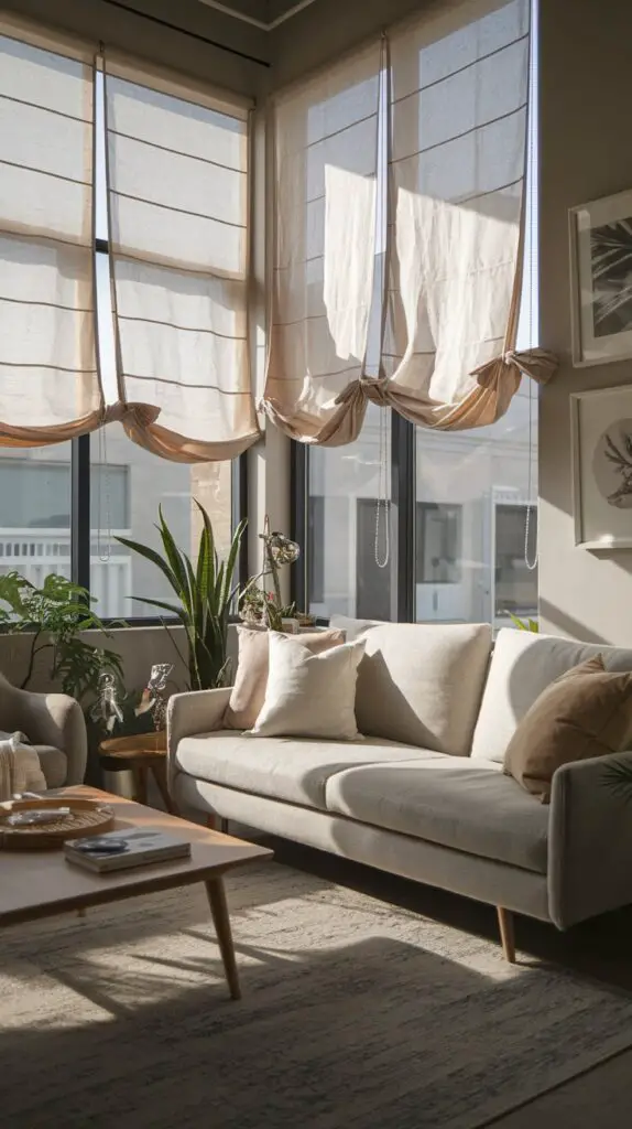 17 Living Room Blinds Ideas to Enhance Natural Light 16 Discover the perfect living room blinds with tie-up shades, offering a cozy and relaxed atmosphere. These versatile shades are easy to adjust, giving you control over light and privacy, while their simple design complements any window size or style. Ideal for DIY enthusiasts, tie-up shades are effortless to install without the need for special tools. Choose from a wide variety of fabrics and patterns to match your living room decor, whether you're aiming for a classic or modern aesthetic. Perfect for adding a touch of charm and functionality to your living room window treatments.