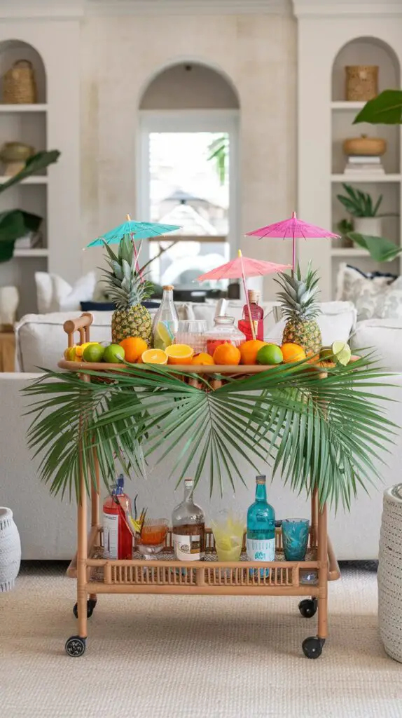 17 Unique Living Room Bar Cart Ideas for Every Occasion 4 Tropical Oasis Living Room Bar Cart Ideas: Elevate your living space with a tropical-themed bar cart adorned with lush palm leaves, vibrant pineapples, oranges, and limes for a fresh, beachy vibe. Perfect for crafting tropical drinks, this bar cart setup is complemented by colorful cocktail umbrellas, creating a festive, vacation-like atmosphere right in your living room. Transform your bar cart into a tropical oasis with these simple yet striking decor elements, ideal for adding a pop of color and a refreshing feel to your home.