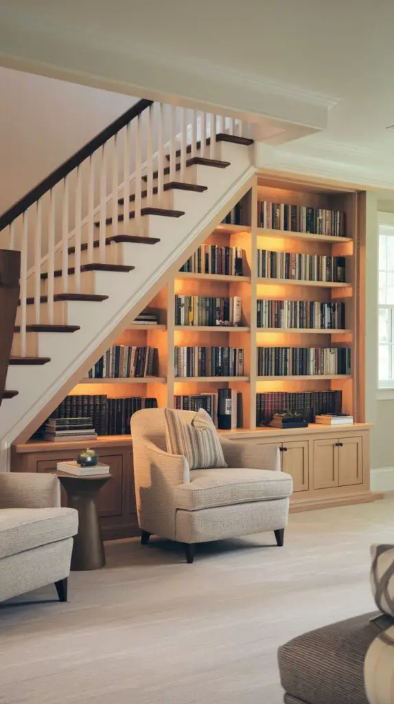 Transform the space under your stairs into a functional living room feature with custom shelving and storage solutions. This underutilized area can be optimized as a stylish bar cabinet built-in or a cozy reading nook. Maximize space with a bookshelf wall to display your favorite books, adding both storage and design appeal. A small table and soft lighting complete the cozy corner, offering a stylish and inviting atmosphere in your home. Ideal for living room bar cabinet built-in ideas or creating a functional yet aesthetically pleasing under-the-stairs storage space.