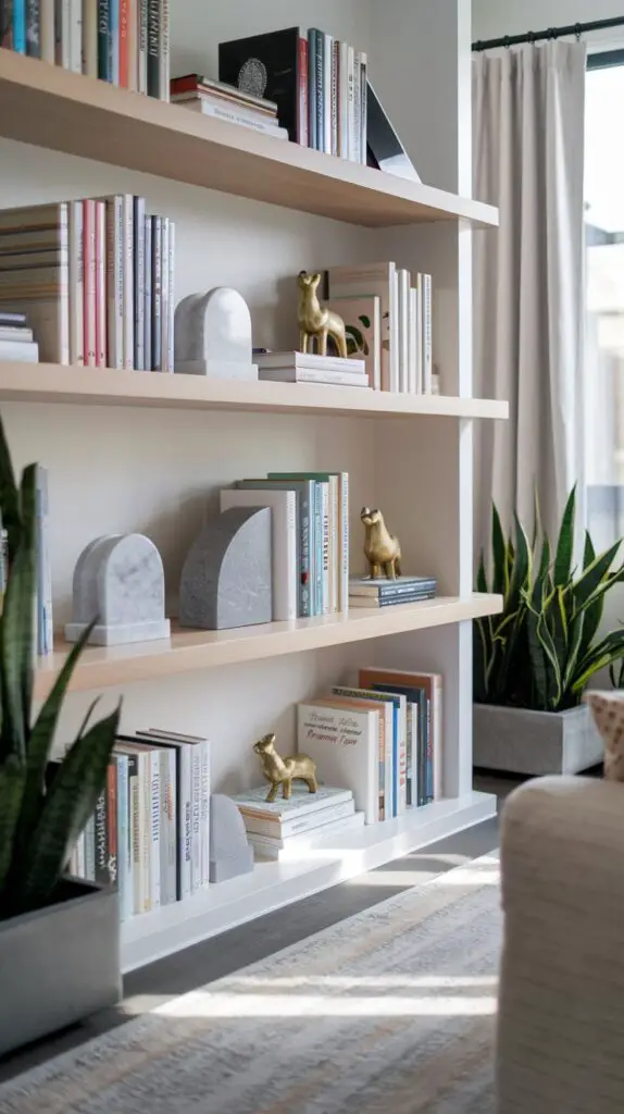 Living Room Bookshelf Décor Ideas: 15 Ways to Add Color and Texture 8 Living Room Bookshelf Wall Ideas: Use Decorative Bookends for Function and Style. Enhance your living room bookshelf decor with functional and stylish bookends that reflect your personal taste. From classic marble to quirky animal designs, bookends not only organize your books but also add a unique touch to your bookshelf. Choose bookends that complement your room's style, creating a balanced and tidy space while showcasing your interests. This small change can make a big impact on your bookshelf design, offering both practicality and personality in your home.