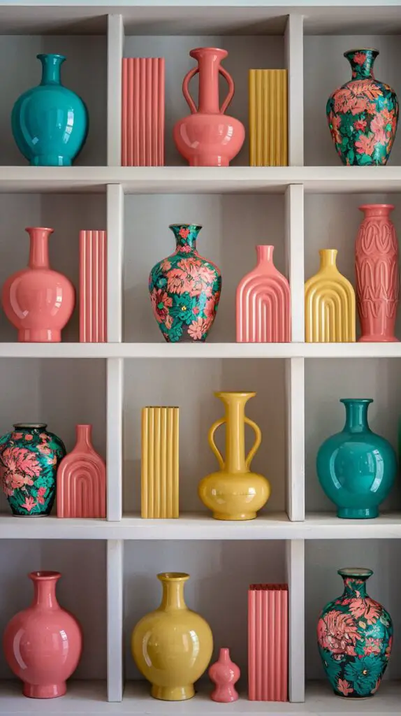 Living Room Bookshelf Décor Ideas: 15 Ways to Add Color and Texture 3 Living Room Bookshelf Wall Ideas with Colorful Vases – Bright, vibrant vases in various shapes and sizes add personality and depth to your bookshelf. Tall vases placed next to shorter ones, along with a mix of round and square designs, create a dynamic, inviting space. Choose vases that complement your room’s theme and reflect your unique style, transforming your bookshelf from a functional storage space into an eye-catching display of color and creativity.