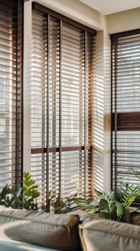 17 Living Room Blinds Ideas to Enhance Natural Light 3 Discover stylish and functional Venetian blinds for your living room. These versatile blinds allow you to control the amount of light and privacy by simply tilting the slats. Available in various materials such as elegant wooden Venetian blinds for a warm, luxurious touch, or sleek aluminum Venetian blinds that are lightweight, moisture-resistant, and come in numerous colors. Ideal for both modern and traditional living room designs, Venetian blinds are durable, easy to clean, and perfect for any home decor. Elevate your space with these customizable and practical window treatments.