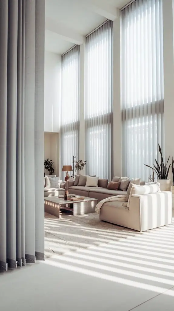 17 Living Room Blinds Ideas to Enhance Natural Light 4 Vertical blinds for living room windows, ideal for large windows and sliding doors. These blinds provide excellent light control and create a more spacious, open feel. Available in a variety of materials and colors, they complement any living room decor. Easy to clean and adjust, vertical blinds offer the perfect balance of privacy and natural light, making them a practical and stylish choice for modern living spaces.