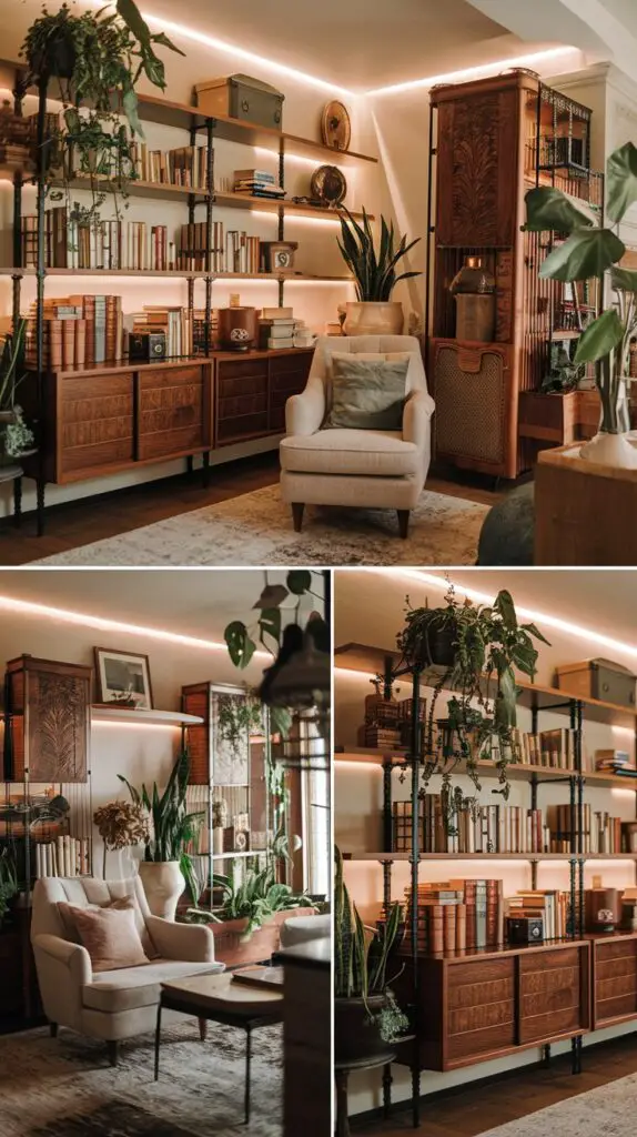Vintage Shelving in Living Room Bar Cabinet Built-Ins – Unique antique shelves add a sense of history and charm to your living room. These well-crafted pieces, often made from wood or metal, create a warm, inviting atmosphere with a touch of industrial flair. Perfect for showcasing books, plants, and family heirlooms, vintage shelving units provide a creative, timeless way to organize and display your items. Incorporating vintage pieces into modern decor brings balance and personality to your space, offering both functionality and style in your living room bar cabinet design.