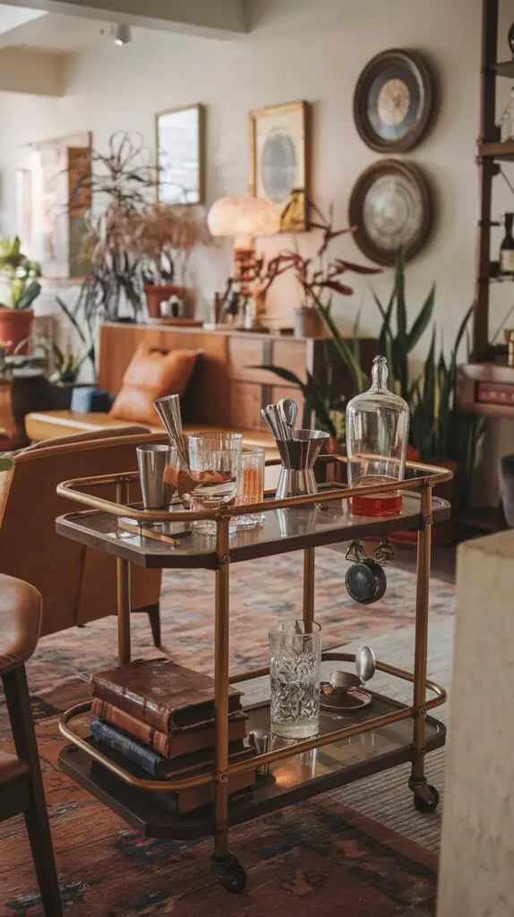 17 Unique Living Room Bar Cart Ideas for Every Occasion 2 Vintage bar cart in a living room styled with 1950s and 1960s brass finishes and wooden details, featuring classic glassware like etched glasses and crystal decanters, complemented by vintage cocktail tools and drink recipe books, creating a stylish and timeless nostalgic touch.