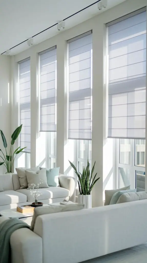 17 Living Room Blinds Ideas to Enhance Natural Light 13 Transform your living room with solar shades – the perfect blinds solution for bright, sunny spaces. These stylish shades reduce glare, protect furniture from harmful UV rays, and allow natural light to flood in while offering a view of the outdoors. Solar shades help maintain a cooler room temperature by blocking excess heat, creating a more comfortable atmosphere. Easy to install as a DIY project, these versatile blinds come in various styles and colors to match your home's interior design, making them an excellent choice for any living room blinds ideas.
