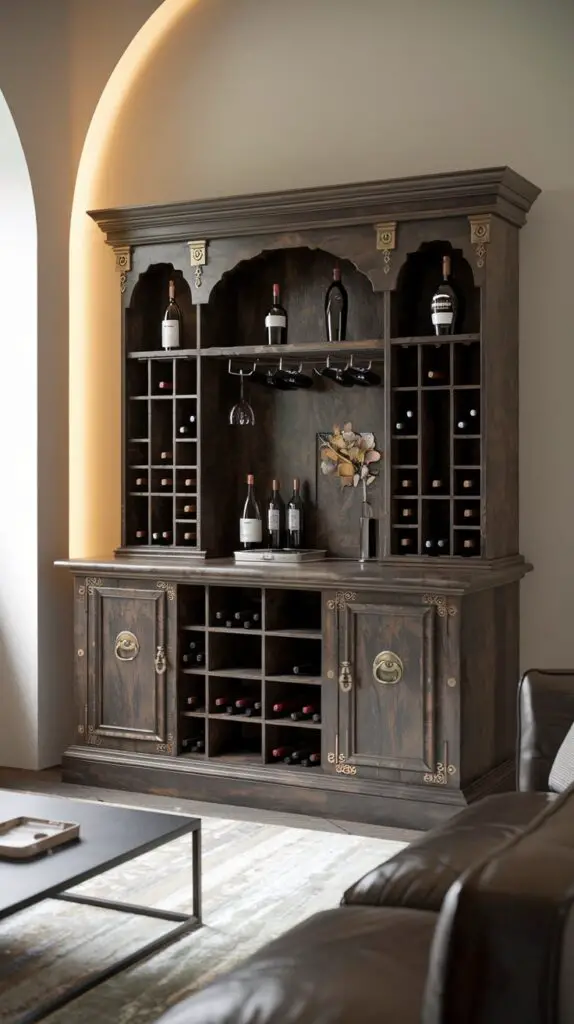 15 Stunning Living Room Modern Bar Cabinet Ideas to Elevate Your Space 4 Vintage-inspired bar cabinet in a modern living room, showcasing ornate details with classic wood and brass materials. The stylish cabinet offers practical storage with built-in wine racks, shelves, and compartments, perfect for entertaining guests. This piece blends nostalgic charm with modern functionality, adding warmth and personality to the space. Incorporating vintage furniture into contemporary decor creates an eclectic look that reflects personal taste and creativity.