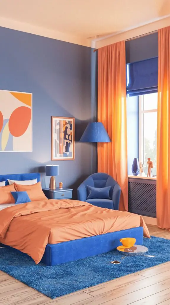 15 Stunning Blue and Orange Bedroom Ideas for a Modern Aesthetic 5 Orange Curtains