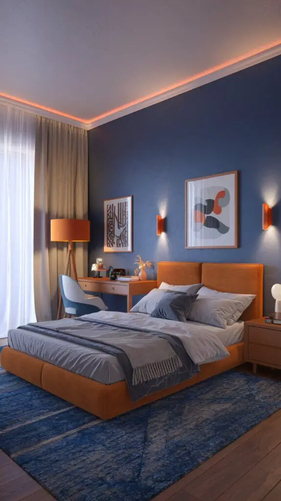 15 Stunning Blue and Orange Bedroom Ideas for a Modern Aesthetic 11 Orange Lighting