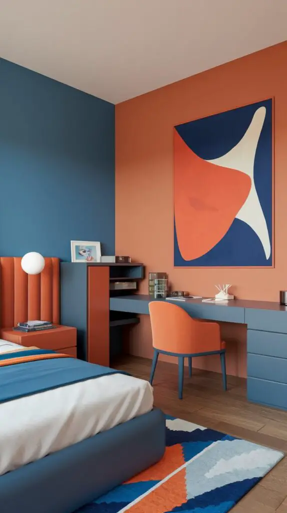 15 Stunning Blue and Orange Bedroom Ideas for a Modern Aesthetic 9 Orange Wall Art