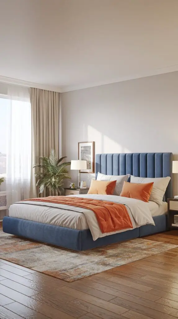 15 Stunning Blue and Orange Bedroom Ideas for a Modern Aesthetic 12 blue headboard