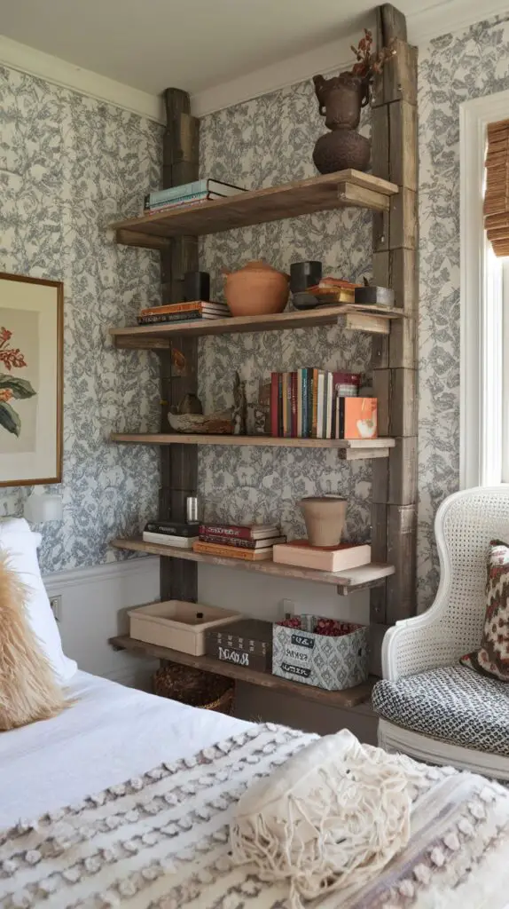 15 Cottage Core Bedroom Décor Ideas for a Cozy Retreat 4 Rustic Shelves