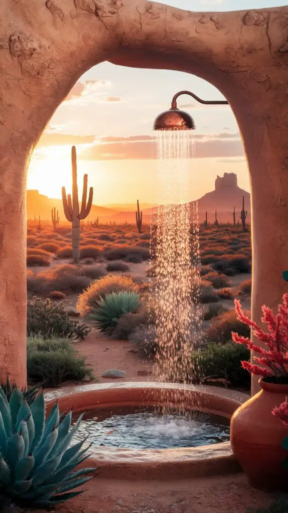 15 Rustic Outdoor Shower Ideas to Make Your Backyard the Ultimate Escape 13 The Desert Adobe Retreat