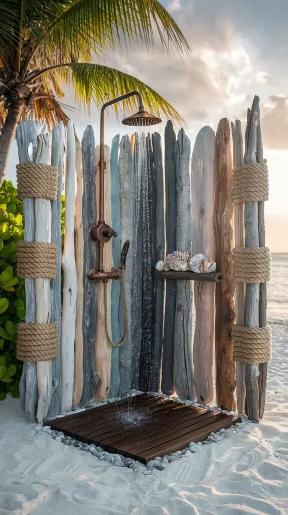15 Rustic Outdoor Shower Ideas to Make Your Backyard the Ultimate Escape 14 The Floating Rope & Driftwood Design