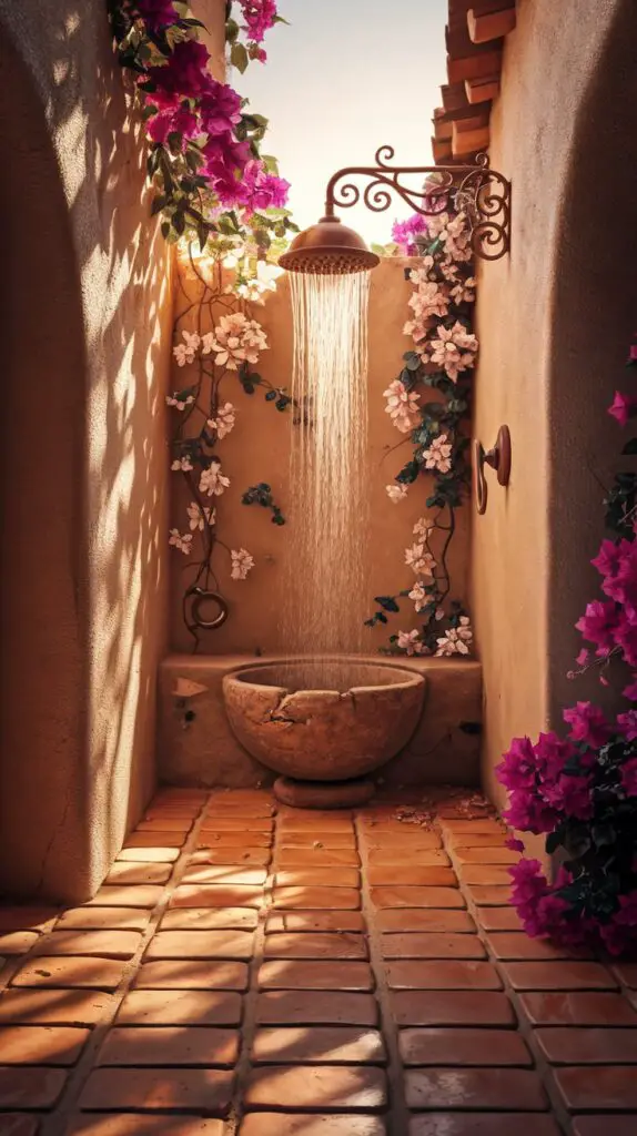 15 Rustic Outdoor Shower Ideas to Make Your Backyard the Ultimate Escape 8 The Mediterranean Courtyard Vibe