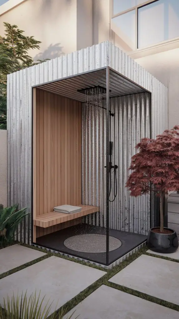 15 Rustic Outdoor Shower Ideas to Make Your Backyard the Ultimate Escape 5 The Minimalist Corrugated Metal Cube