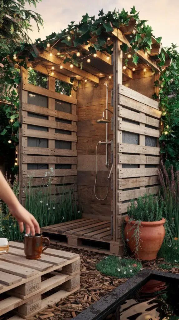 15 Rustic Outdoor Shower Ideas to Make Your Backyard the Ultimate Escape 12 The Pallet Wood Paradise