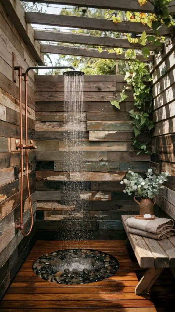 15 Rustic Outdoor Shower Ideas to Make Your Backyard the Ultimate Escape 1 The Reclaimed Wood Wonder