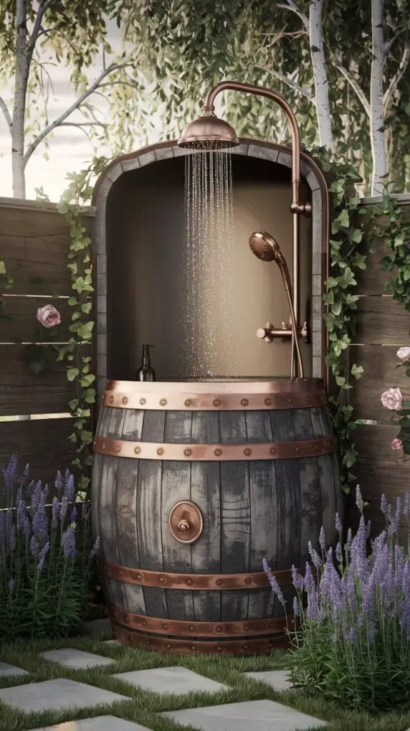 15 Rustic Outdoor Shower Ideas to Make Your Backyard the Ultimate Escape 4 The Repurposed Barrel Bonanza