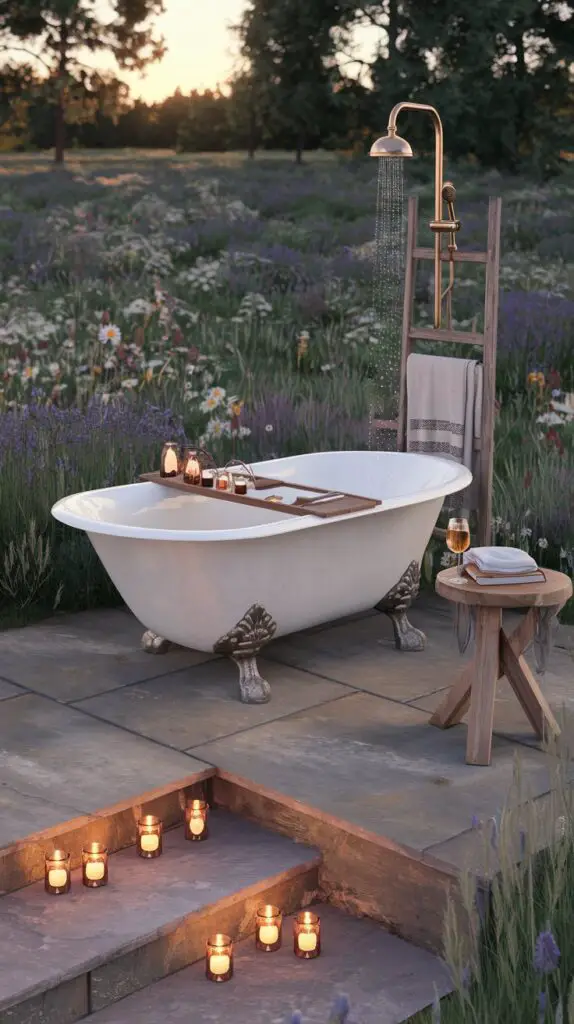 15 Rustic Outdoor Shower Ideas to Make Your Backyard the Ultimate Escape 11 The Rustic-Chic Outdoor Bathtub Combo