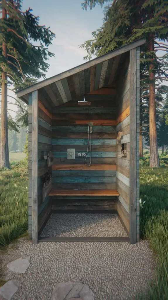 15 Rustic Outdoor Shower Ideas to Make Your Backyard the Ultimate Escape 7 The Salvaged Door Divider