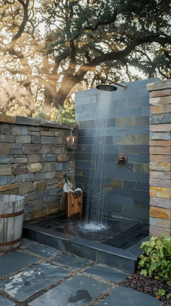 15 Rustic Outdoor Shower Ideas to Make Your Backyard the Ultimate Escape 3 The Stone & Slate Sanctuary