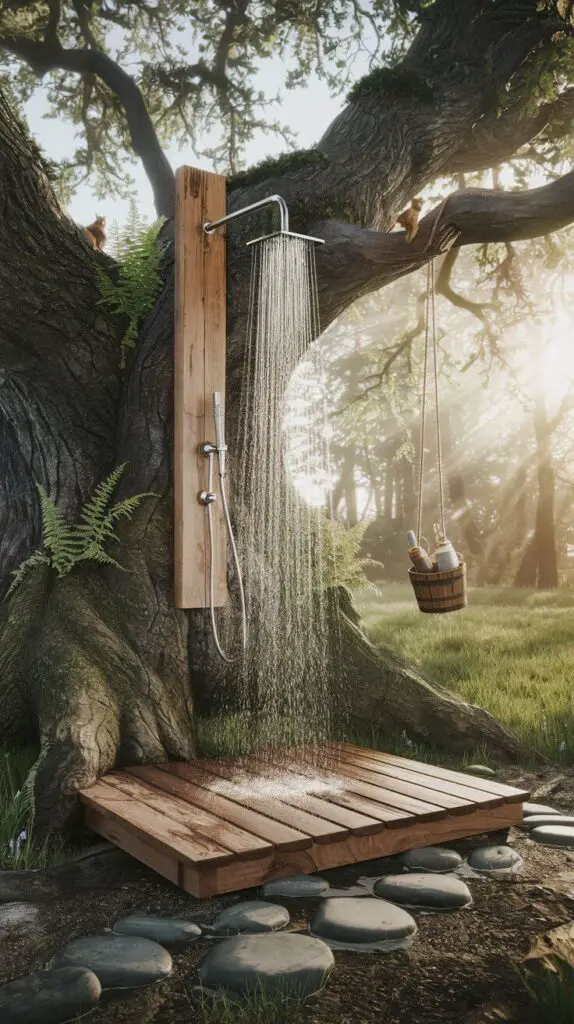 15 Rustic Outdoor Shower Ideas to Make Your Backyard the Ultimate Escape 6 The Treehouse Shower (For Adults Who Refuse to Grow Up)