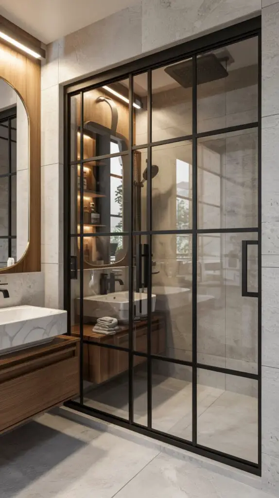 15 Stunning Glass Shower Doors Sliding Ideas for a Modern Bathroom 6 Black Frame Accents