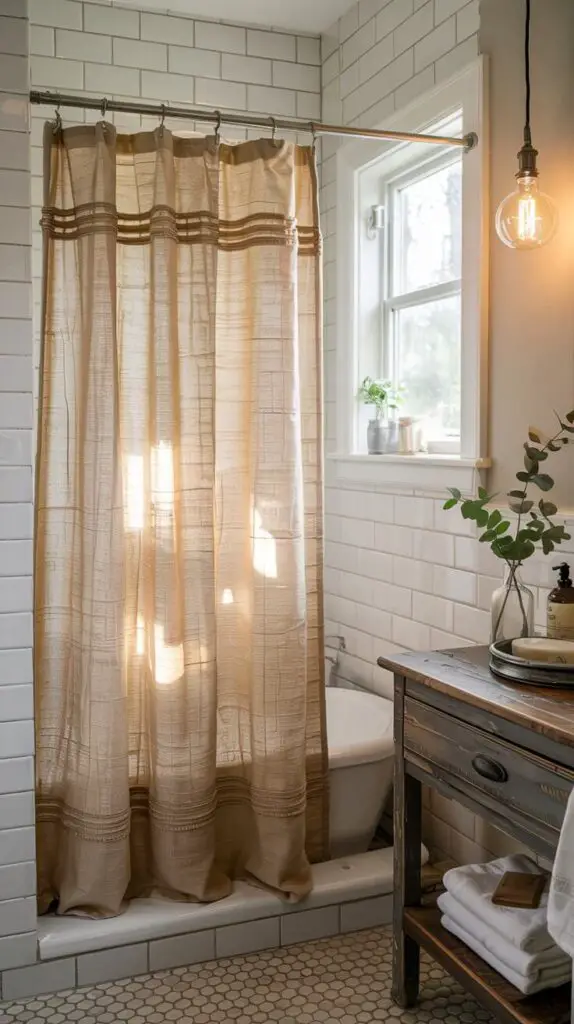 15 Farmhouse Shower Curtain Ideas to Transform Your Bathroom 3 Burlap Textures