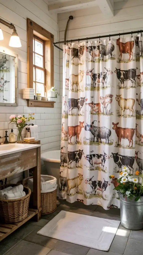 15 Farmhouse Shower Curtain Ideas to Transform Your Bathroom 6 Farm Animal Prints
