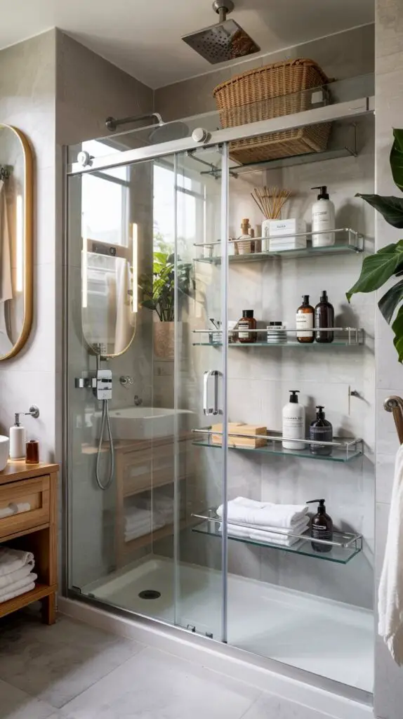 15 Stunning Glass Shower Doors Sliding Ideas for a Modern Bathroom 13 Glass Doors with Shelving