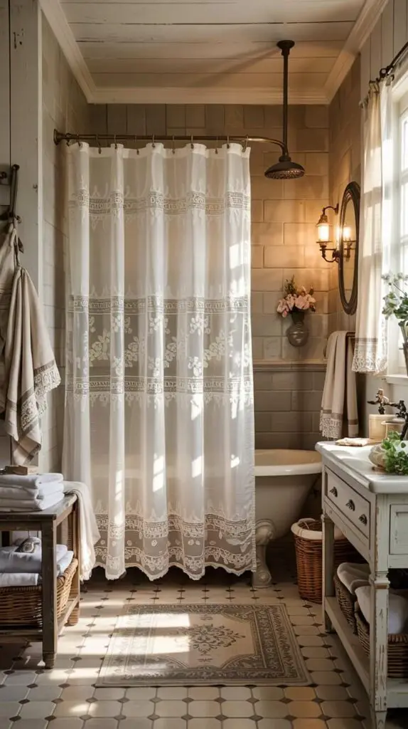 15 Farmhouse Shower Curtain Ideas to Transform Your Bathroom 8 Lace Accents