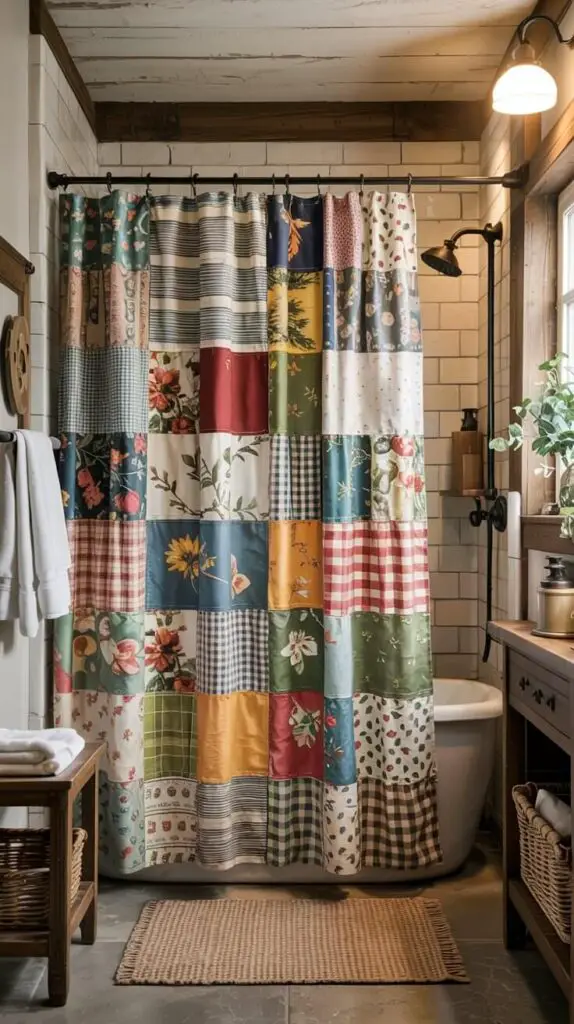 15 Farmhouse Shower Curtain Ideas to Transform Your Bathroom 14 Patchwork Patterns
