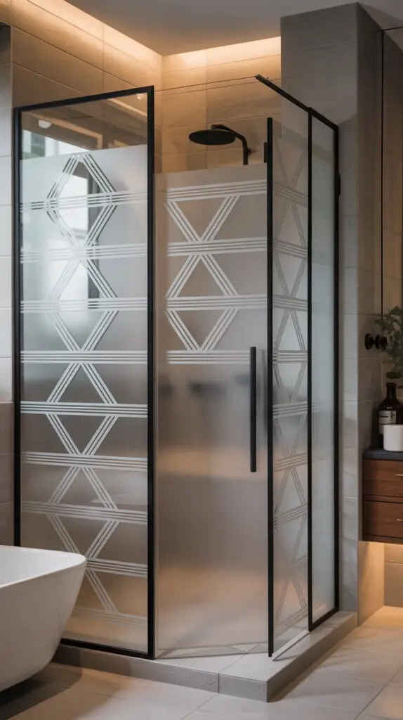 13 Frosted Shower Glass Ideas That’ll Actually Make You Love Your Bathroom 5 Etched Geometric Patterns