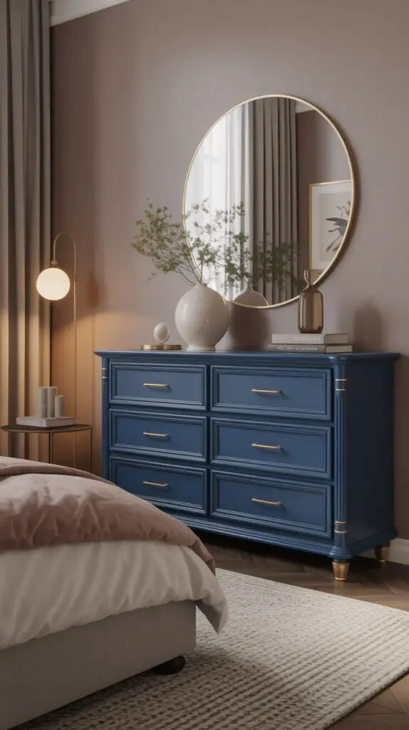 13 Stunning Modern Blue Bedroom Furniture Pieces You Need to See 4 Incorporate a Navy Dresser With Brass Hardware