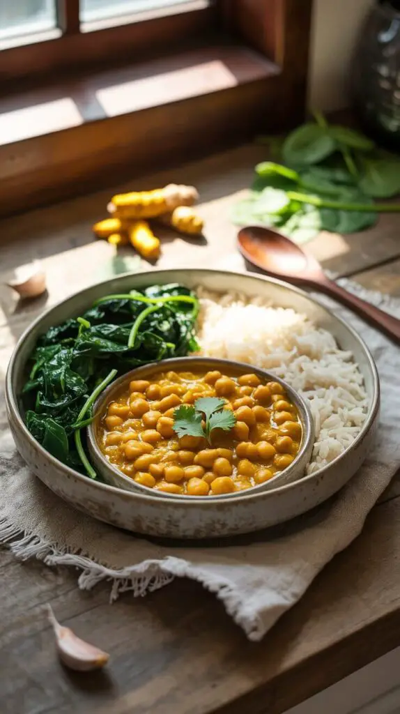 What Is the Healthiest Dinner You Can Eat? (Without Hating Your Life) 7 Chickpea Curry with Steamed Spinach & Basmati Rice