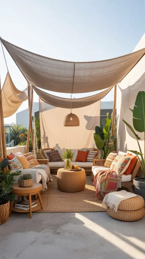 Covered Outdoor Patio Ideas That’ll Make You Never Want to Go Back Inside 7 Go Boho with a Fabric Shade or Sail